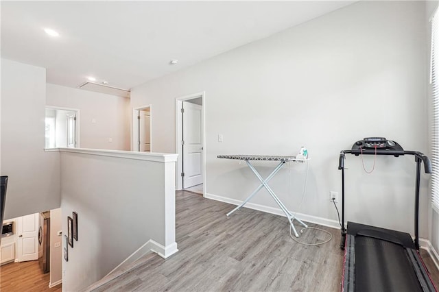 2646 Neighborhood Walk S, Villa Rica, GA 30180 - workout room featuring recessed lighting, attic access, baseboards, and wood finished floors