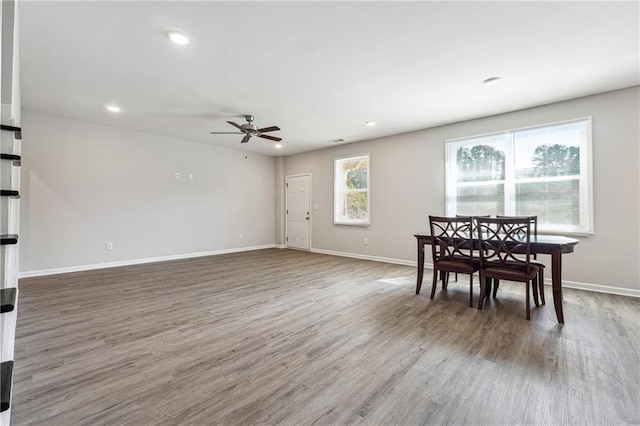 2646 Neighborhood Walk S, Villa Rica, GA 30180 - dining space featuring wood finished floors, baseboards, ceiling fan, and recessed lighting