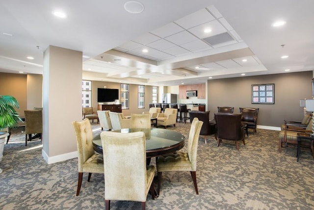 dining room featuring carpet, baseboards, and recessed lighting