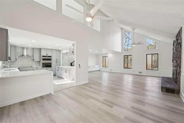 unfurnished living room with high vaulted ceiling, beam ceiling, a sink, ceiling fan, and light wood-style floors