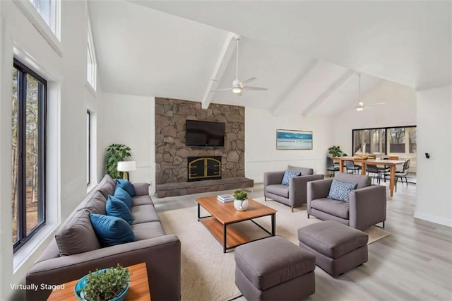 living room with wood finished floors, high vaulted ceiling, a fireplace, ceiling fan, and beamed ceiling