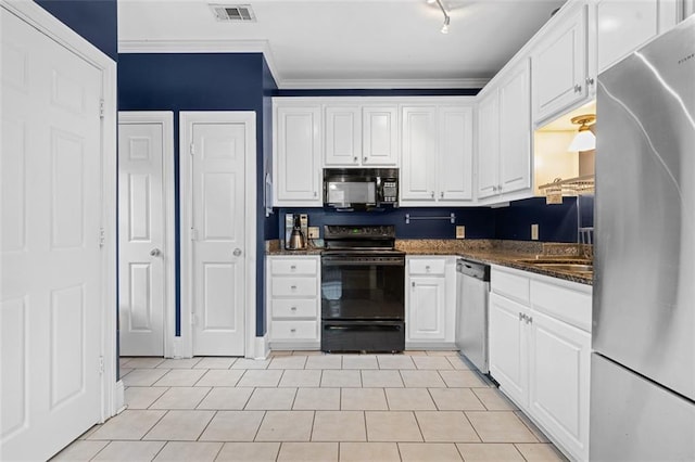 4594 Poplar Rd, Pine Lake, GA 30072 - kitchen with black appliances, white cabinets, ornamental molding, and dark stone counters