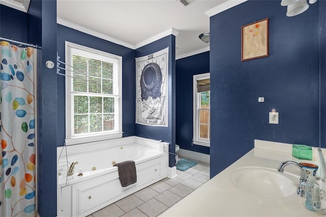 4594 Poplar Rd, Pine Lake, GA 30072 - bathroom featuring tile patterned floors, a whirlpool tub, ornamental molding, and a shower with curtain