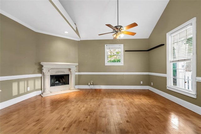 4594 Poplar Rd, Pine Lake, GA 30072 - unfurnished living room with vaulted ceiling, wood finished floors, a fireplace, and a ceiling fan