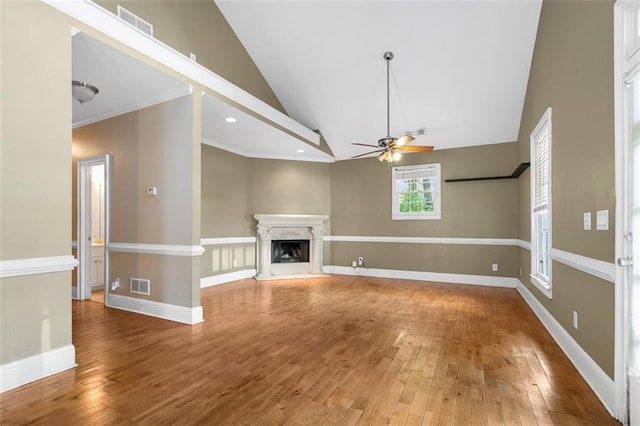 4594 Poplar Rd, Pine Lake, GA 30072 - unfurnished living room featuring a ceiling fan, high vaulted ceiling, a fireplace with raised hearth, hardwood / wood-style flooring, and recessed lighting