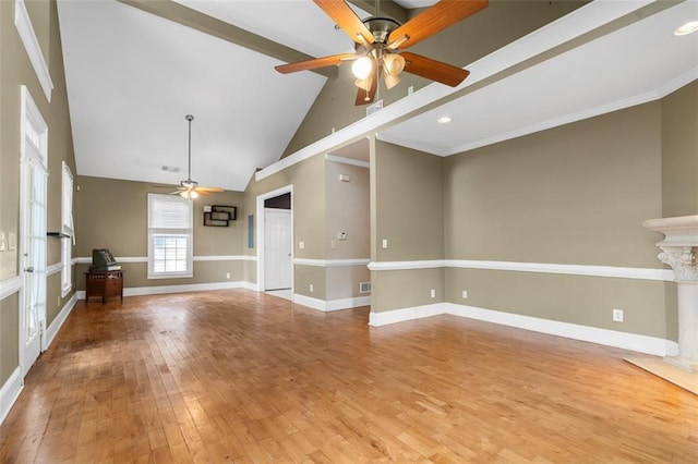 4594 Poplar Rd, Pine Lake, GA 30072 - unfurnished living room featuring ceiling fan, wood finished floors, and high vaulted ceiling