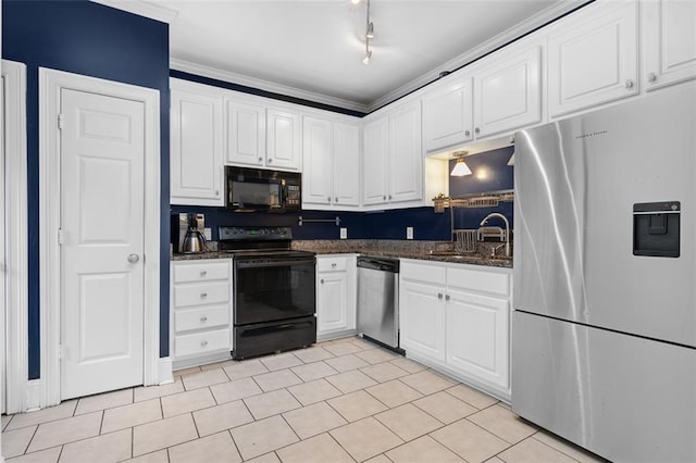 4594 Poplar Rd, Pine Lake, GA 30072 - kitchen with black appliances, white cabinetry, dark stone countertops, track lighting, and ornamental molding