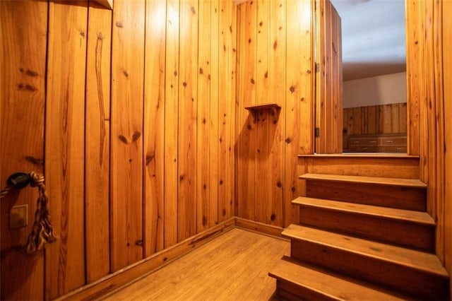 stairs with wood-type flooring and wooden walls