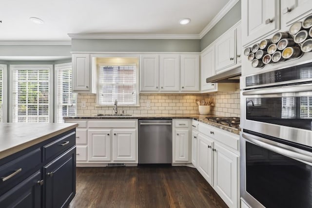 kitchen with stainless steel appliances, a sink, white cabinetry, under cabinet range hood, and crown molding