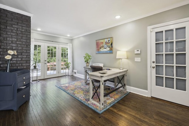 office featuring french doors, crown molding, hardwood / wood-style flooring, baseboards, and recessed lighting