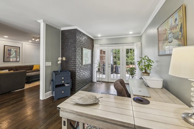 home office featuring french doors, crown molding, wood finished floors, brick wall, and recessed lighting