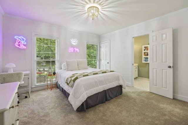 bedroom with multiple windows, carpet, crown molding, ensuite bath, and baseboards
