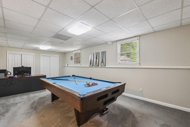 rec room with carpet flooring, a paneled ceiling, pool table, and baseboards