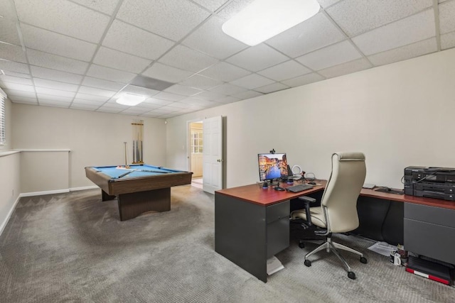 recreation room featuring carpet, a paneled ceiling, pool table, and baseboards