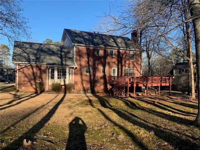 240 W Huntington Rd, Bogart, GA 30622 - back of house with a deck, a lawn, a chimney, stairway, and brick siding