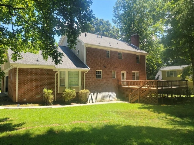 240 W Huntington Rd, Bogart, GA 30622 - rear view of house with a wooden deck, brick siding, a yard, a chimney, and stairs