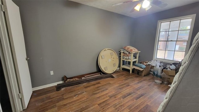 miscellaneous room with ceiling fan and dark hardwood / wood-style flooring