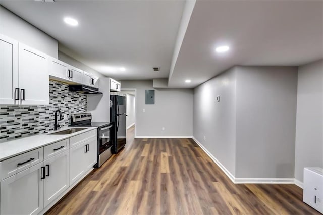 516 Jordan Dr NW, Tucker, GA 30084 - kitchen featuring electric stove, electric panel, freestanding refrigerator, tasteful backsplash, and recessed lighting