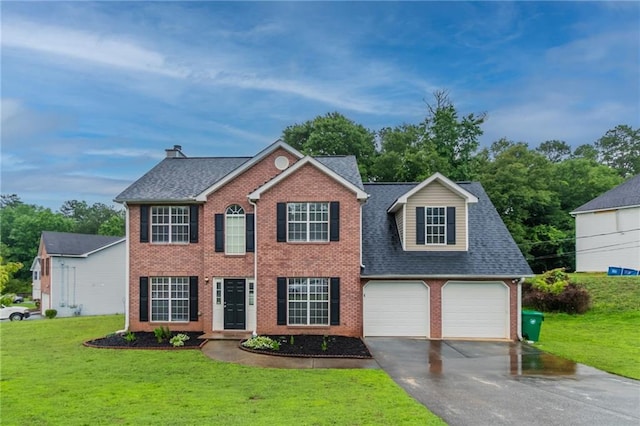 6683 Princeton Park Ct, Lithonia, GA 30058 - colonial inspired home with driveway, brick siding, a front yard, and roof with shingles
