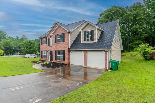6683 Princeton Park Ct, Lithonia, GA 30058 - colonial home with driveway, brick siding, a front yard, a shingled roof, and an attached garage