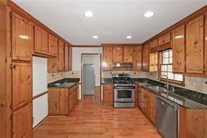 kitchen featuring a sink, appliances with stainless steel finishes, and brown cabinetry