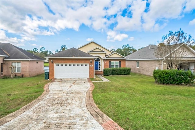 single story home featuring a front yard and a garage