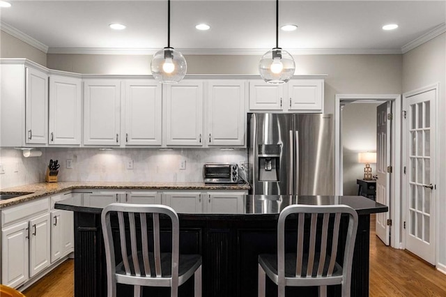 2759 Thomashire Trce, Marietta, GA 30066 - kitchen featuring stainless steel fridge, white cabinets, backsplash, recessed lighting, and ornamental molding