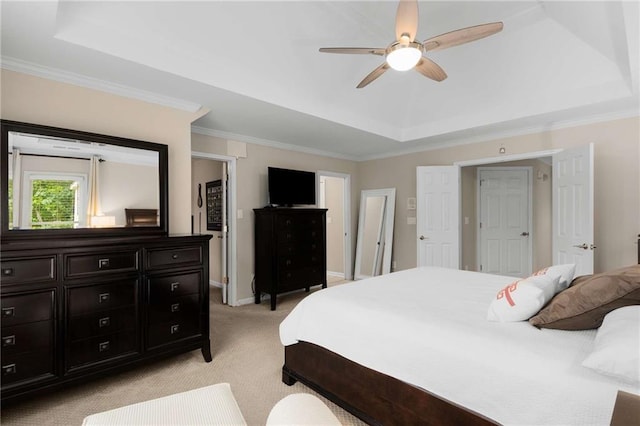 2759 Thomashire Trce, Marietta, GA 30066 - bedroom with a raised ceiling, light carpet, crown molding, and ceiling fan