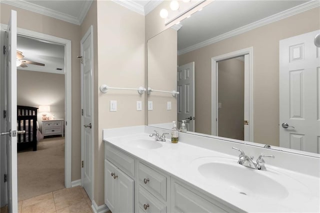 2759 Thomashire Trce, Marietta, GA 30066 - ensuite bathroom with double vanity, tile patterned flooring, ornamental molding, and ceiling fan