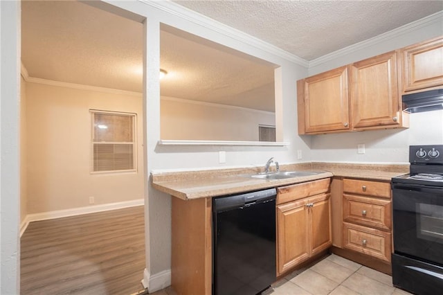 2817 Burton Rd NW, Atlanta, GA 30311 - kitchen with black appliances, a sink, a textured ceiling, light countertops, and crown molding