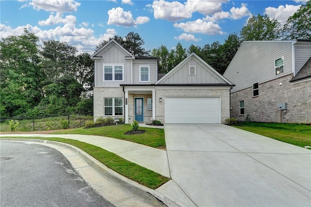 view of front facade featuring board and batten siding, driveway, an attached garage, and brick siding
