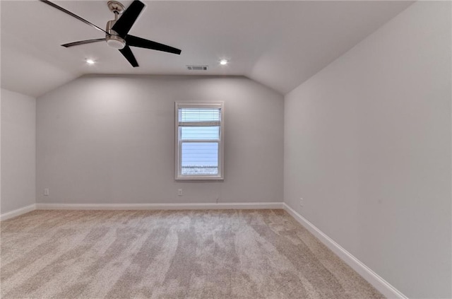 bonus room with lofted ceiling, light carpet, baseboards, a ceiling fan, and recessed lighting