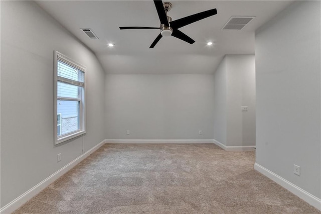 unfurnished room featuring a ceiling fan, carpet floors, recessed lighting, baseboards, and vaulted ceiling