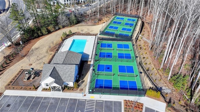 drone / aerial view of a pool