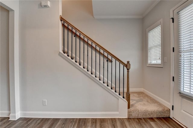 foyer with crown molding, wood finished floors, baseboards, and stairway