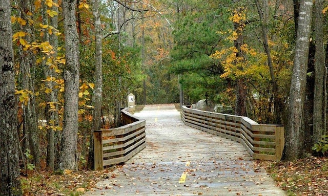 view of community featuring a forest view