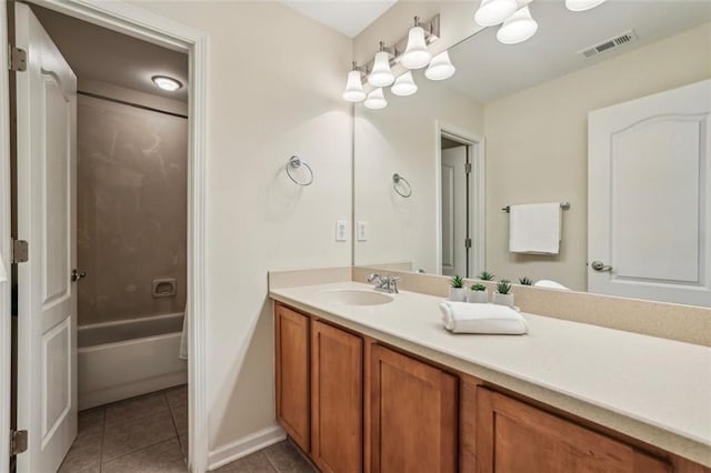 bathroom with tile patterned floors, visible vents, tub / shower combination, and vanity