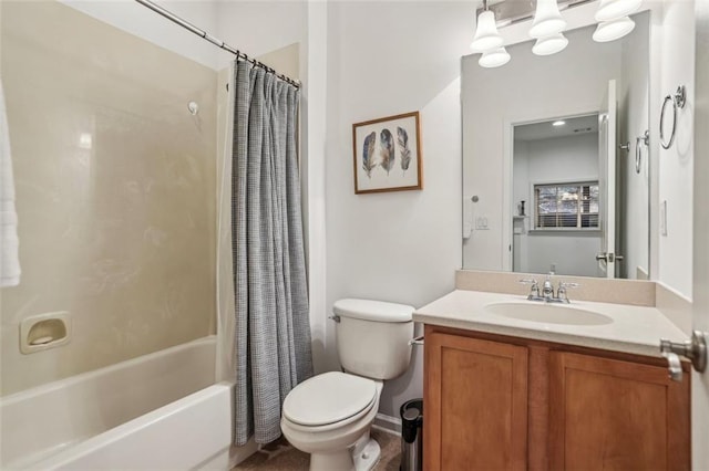 bathroom with shower / bathtub combination with curtain, toilet, and vanity