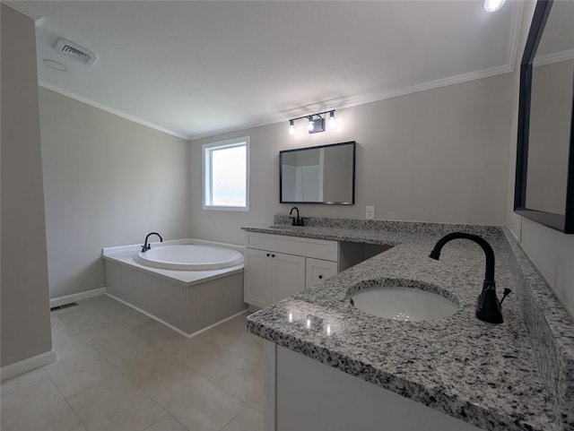 732 Five Points Rd, Buchanan, GA 30113 - bathroom with ornamental molding, two vanities, a garden tub, and tile patterned floors
