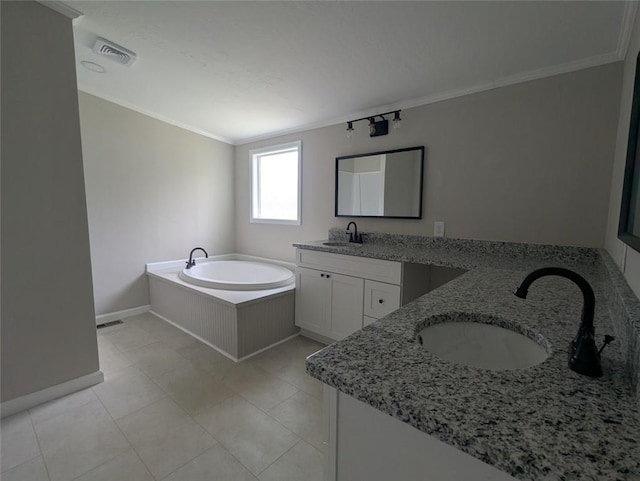 732 Five Points Rd, Buchanan, GA 30113 - full bath featuring crown molding, two vanities, a bath, and tile patterned flooring