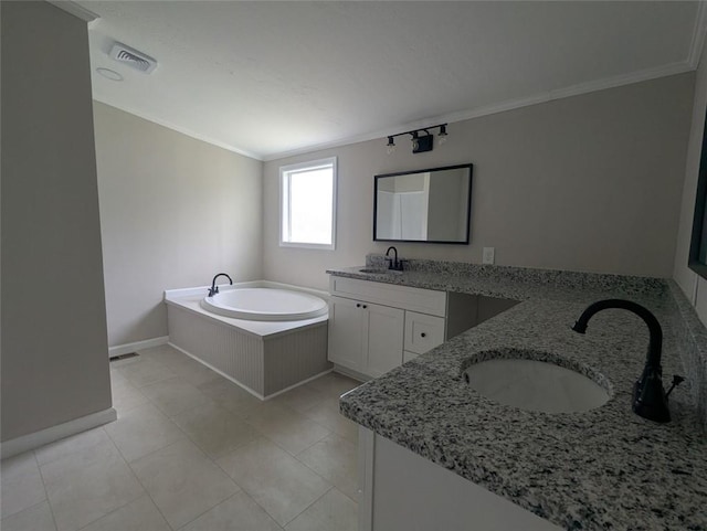 732 Five Points Rd, Buchanan, GA 30113 - bathroom with two vanities, ornamental molding, a garden tub, and tile patterned floors