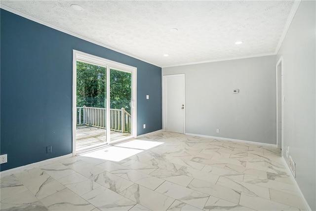 1663 Pounds Rd SW, Stone Mountain, GA 30087 - unfurnished room featuring ornamental molding, a textured ceiling, baseboards, marble look tiles, and recessed lighting