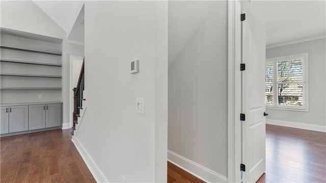 25 Mountain Crest Dr, Oxford, GA 30054 - hallway with stairway, dark wood-style flooring, baseboards, and vaulted ceiling