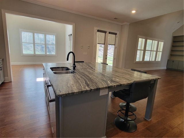 25 Mountain Crest Dr, Oxford, GA 30054 - kitchen with a sink, stone counters, open floor plan, and dark wood-style flooring
