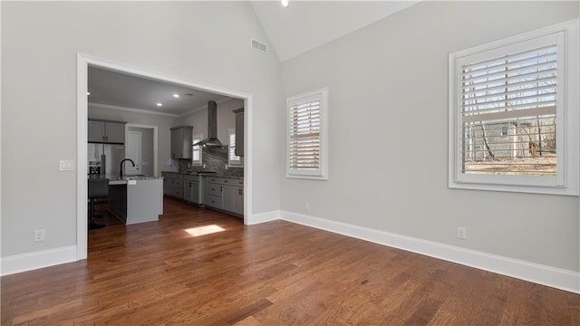 25 Mountain Crest Dr, Oxford, GA 30054 - unfurnished living room featuring vaulted ceiling, visible vents, a sink, baseboards, and dark wood-style floors