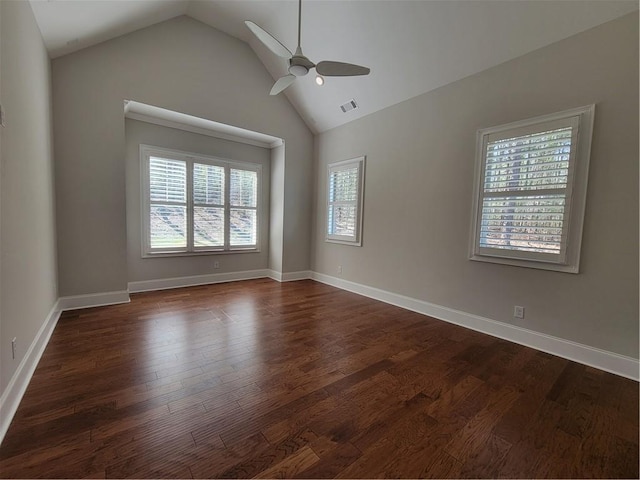25 Mountain Crest Dr, Oxford, GA 30054 - unfurnished room featuring high vaulted ceiling, ceiling fan, dark wood-type flooring, visible vents, and baseboards