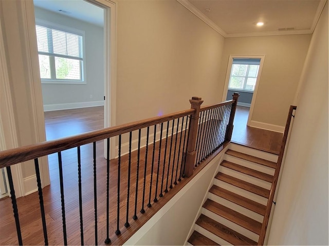 25 Mountain Crest Dr, Oxford, GA 30054 - stairs with visible vents, baseboards, crown molding, recessed lighting, and wood finished floors
