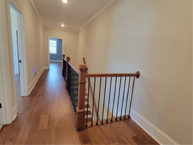 25 Mountain Crest Dr, Oxford, GA 30054 - hallway with baseboards, ornamental molding, an upstairs landing, recessed lighting, and wood finished floors