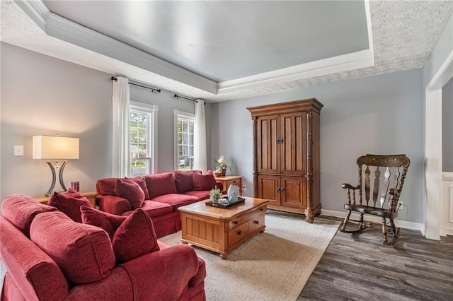 340 Chandler Ct, Sugar Hill, GA 30518 - living area with a tray ceiling, light wood-style flooring, and baseboards
