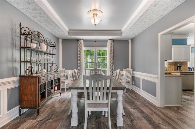 340 Chandler Ct, Sugar Hill, GA 30518 - dining space with a tray ceiling, dark wood finished floors, crown molding, and a wainscoted wall